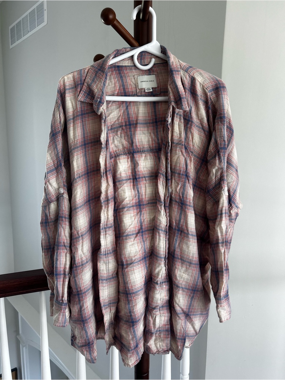 American Eagle Plaid Button-Up Shirt - Cream & Blue